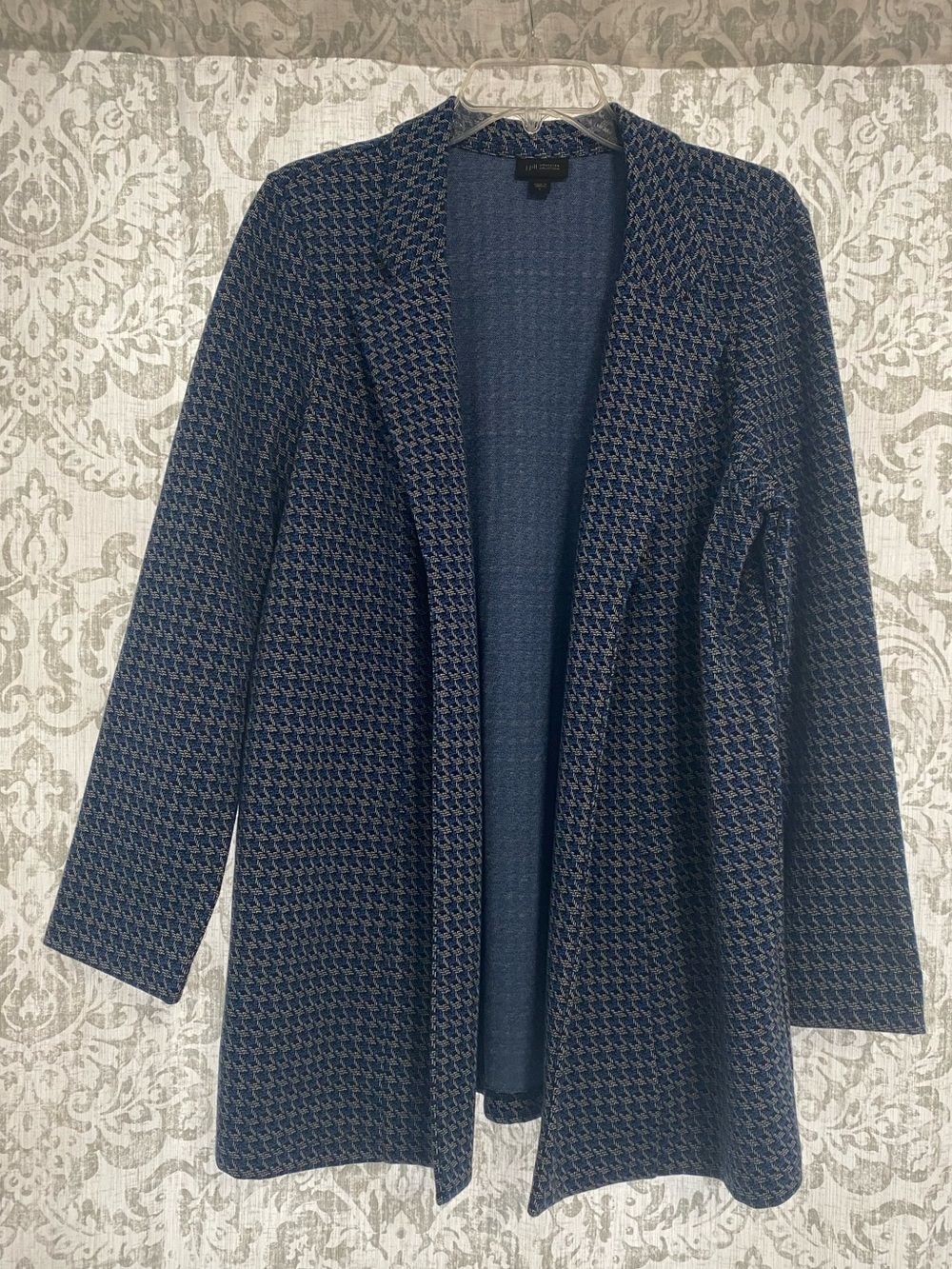 J Jill Wearever Open Front Geometric Preppy City Office Blazer Jacket Blue L